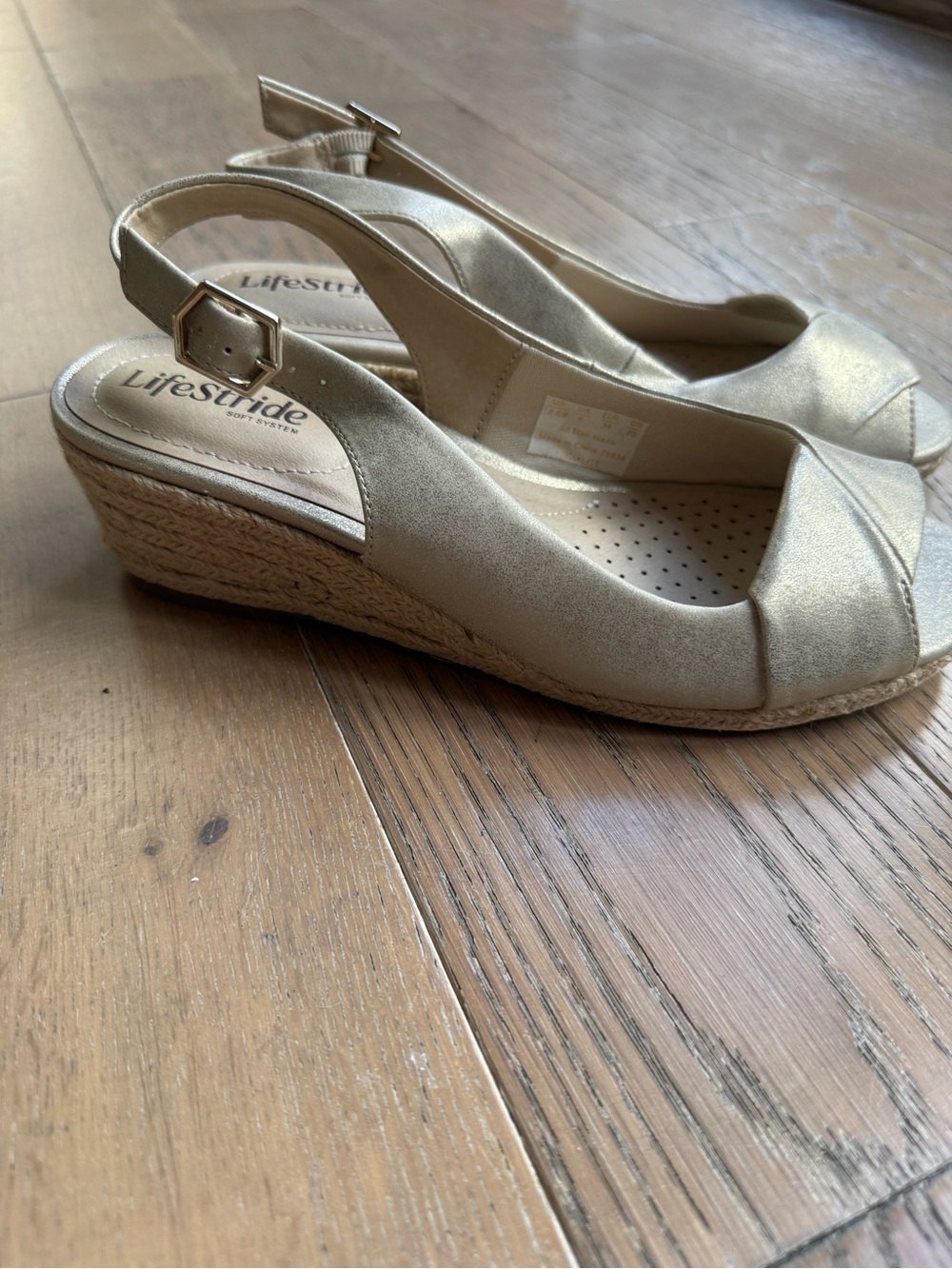 Life Stride Gold Peep-Toe Espadrille Wedge Slingback